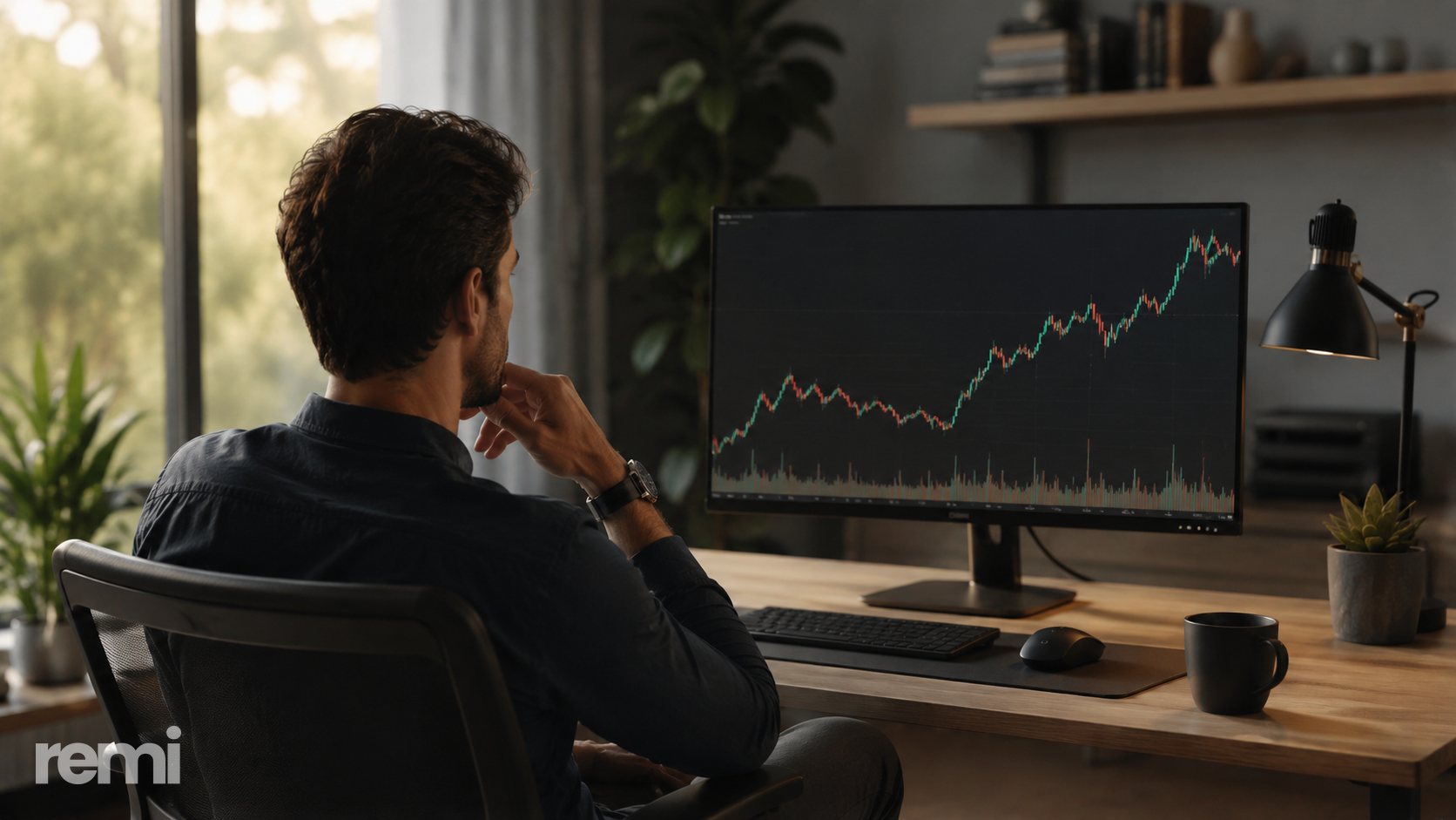 A person sitting calmly at a tidy home desk, thoughtfully looking at a long-term price chart in warm daylight — making a deliberate decision, not a panicked one