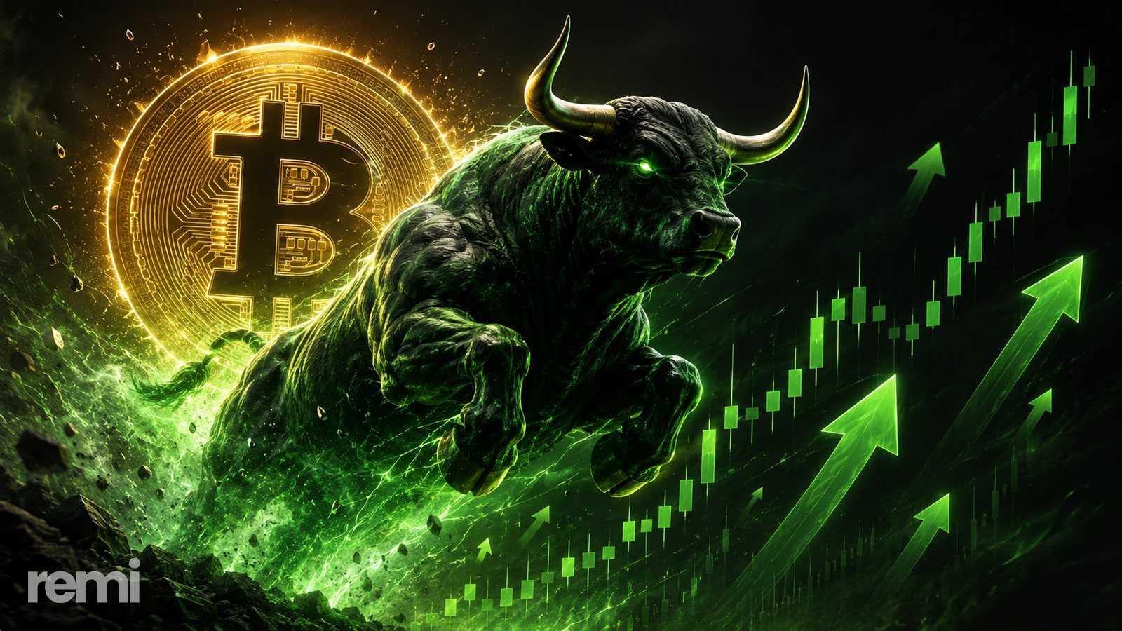 A charging bull surrounded by rising green candlesticks and up-arrows with a glowing Bitcoin symbol — symbolizing a crypto bull market