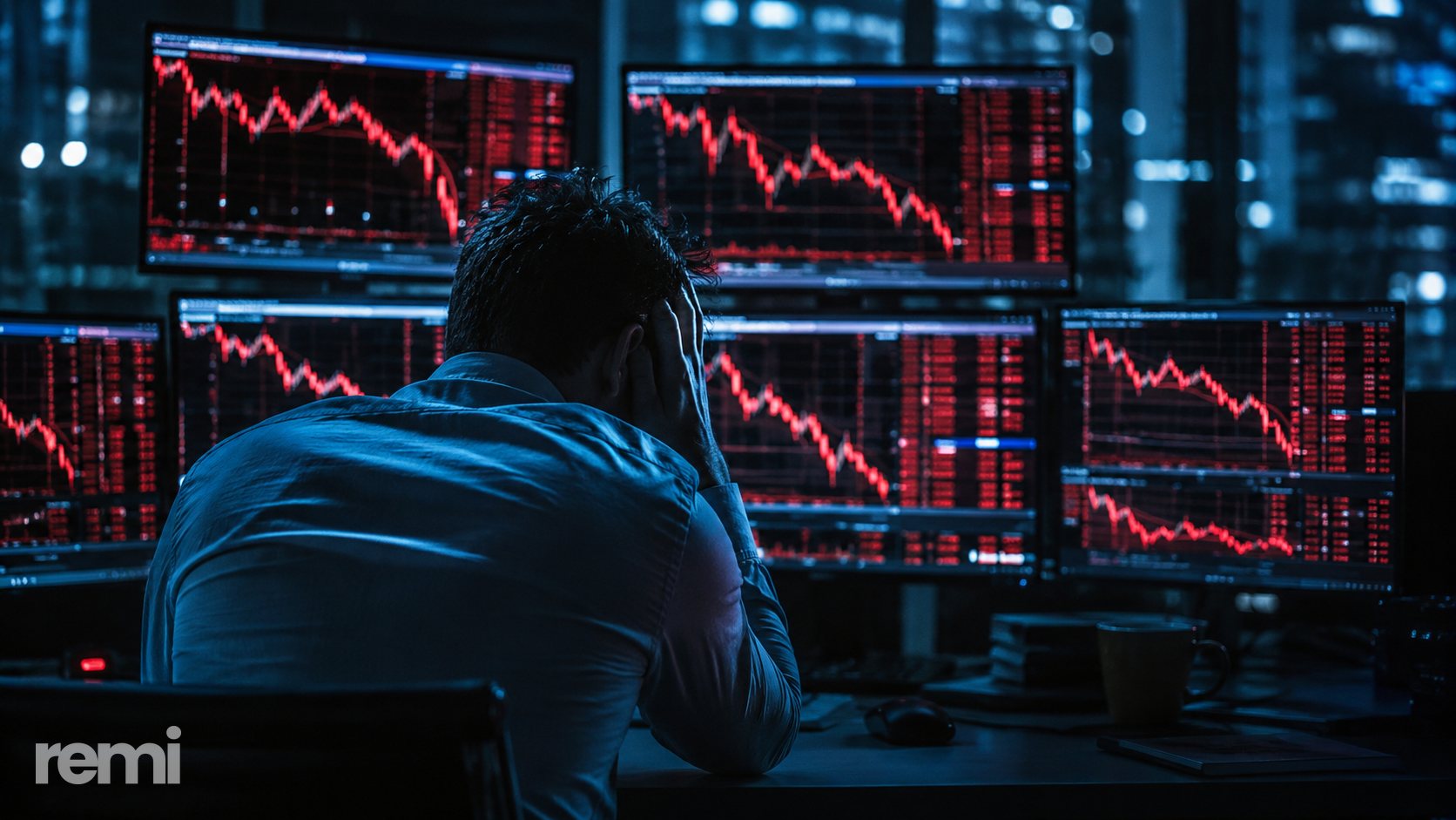 A person at a desk with their head in their hands, facing monitors filled with red, falling crypto charts — the feeling of watching a market crash
